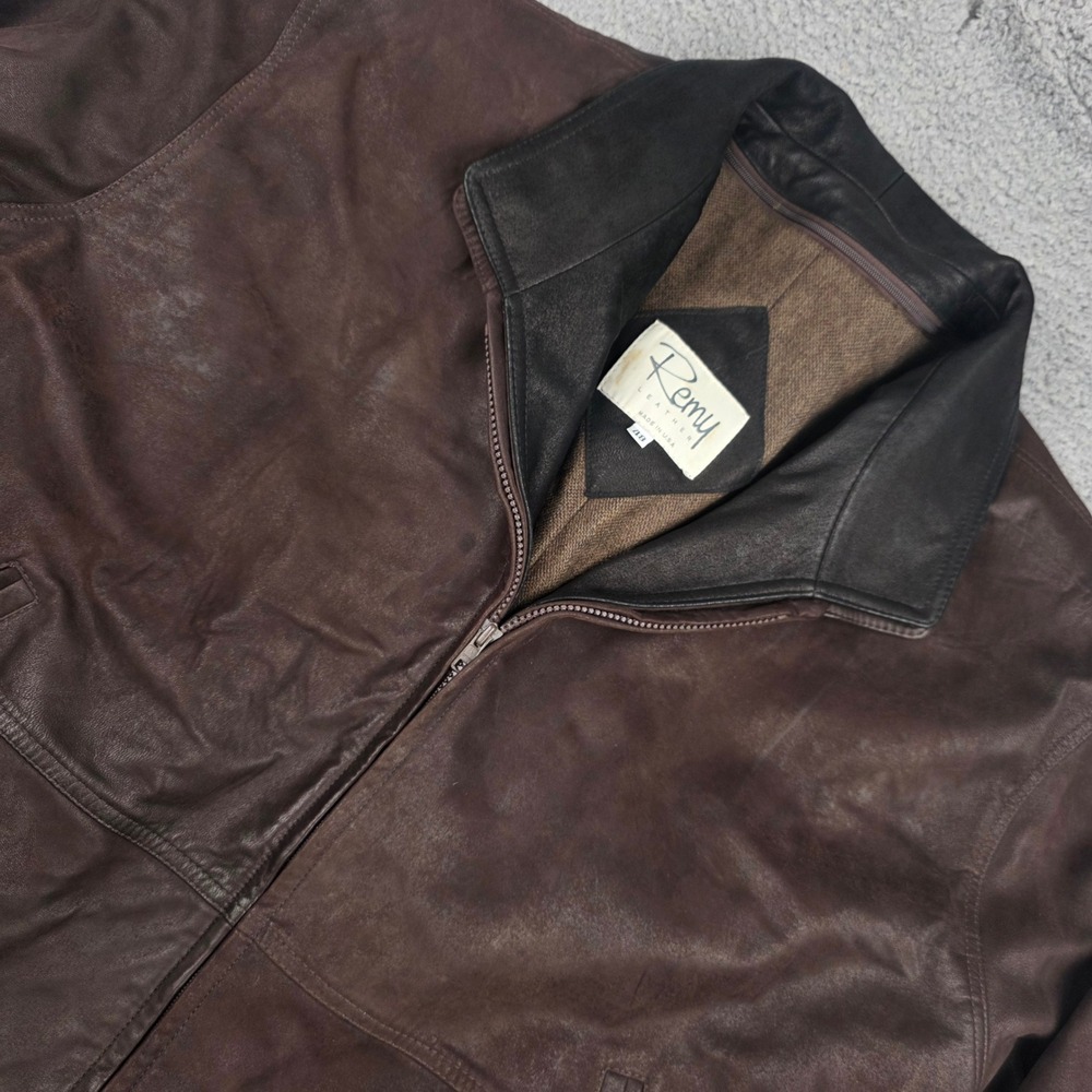 Remy Lambskin leather Jacket Mens 48 Brown Full Zip double collar removable VTG